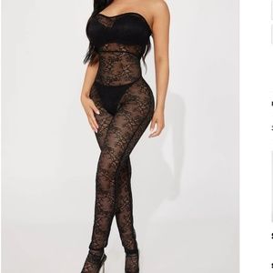 Black Sheer Lace Strapless Skinny Legging Jumpsuit No Lining or Undergarments